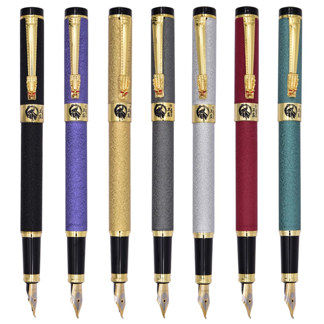 Ranvi 7pcs Golden Dragon Red Crystal Eyes Fountain Pen Gift Pens with Converters Bent Nib Mixed Color