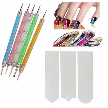 FOK Nail Art Combo 5pc Nail Art Pen Set,10 pc Stripping Roll Tape And A French Manicure Nail Art Tip Sticker