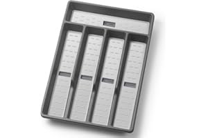 CherHome Silverware Organizer with Cutlery Icons，Silverware Tray for Kitchen Drawer，Plastic Flatware Tableware Silverware Drawer Organizer Utensil Organizer with Non-slip TPR Linings，5-Compartment