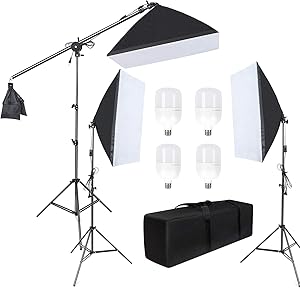 LTRINGYS Softbox Lighting Kit Photography Continuous Light System 20"X28" Boom Arm Headlight Lighting Kit with Sandbag Photo Studio Equipment with 4 PCS 5500K LED Bulbs 2M Adjustable Light Stand