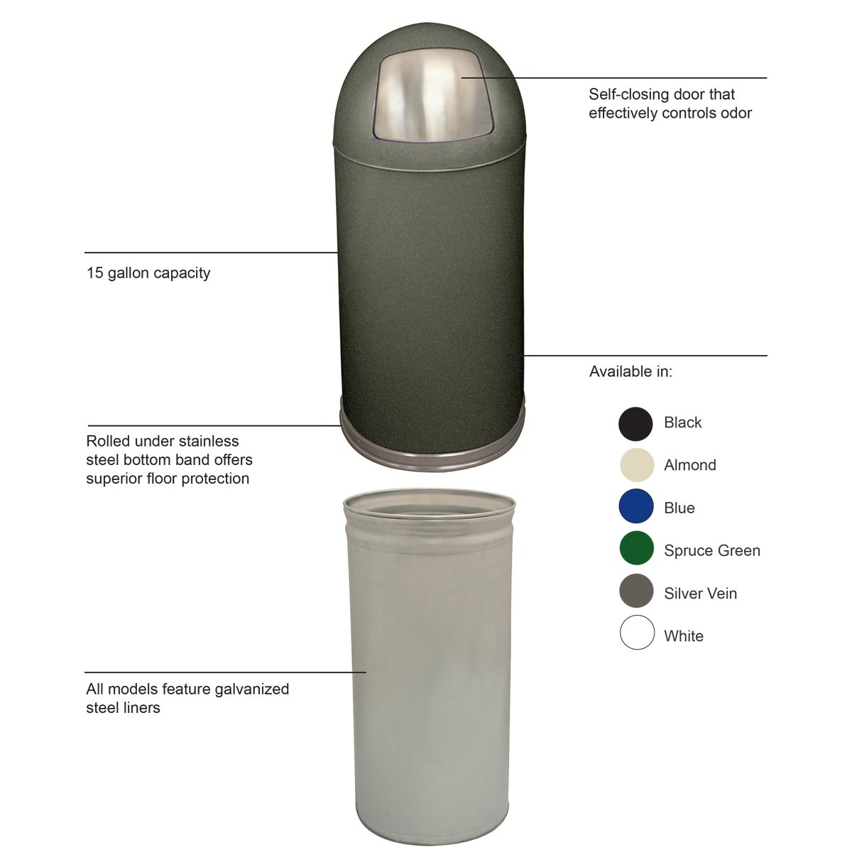 Witt Industries 15DTSVN Steel 15-Gallon Standard Dome Top Indoor Waste Receptacle with Galvanized Liner and Push Door, Round, 15" Diameter x 35" Height, Silver: Waste Bins: Industrial & Scientific