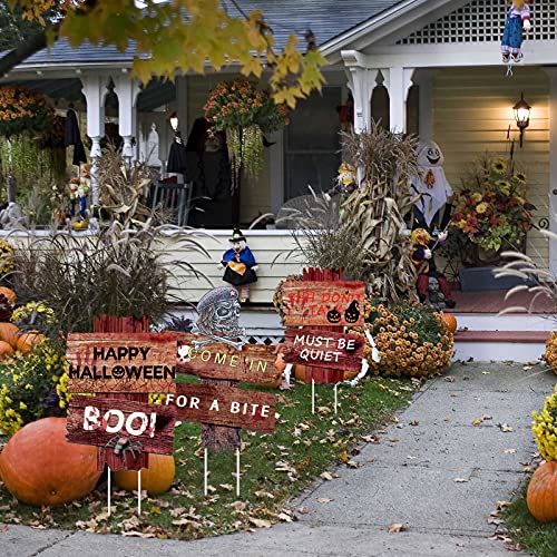 Flagicon Halloween Decorations Outdoor Yard Signs, 3pcs Beware Warning Yard Signs Scary Decor Lawn Signs with Stakes Theme Party Supplies for Outside Garden, Lawn Yard Party Decorations
