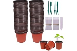 Huvai 200 Pcs 4 Inch Plastic Seedlings Plants Nursery Pots with 200 Pcs Waterproof Plastic Plant Tags and 2 Set Transplanting Digging Mini Tools for Outdoor use(Red Brown)