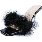 LIURUIJIA Women's Feather High Heeled Mules Slip On Sandals Square Toe Bridal Wedding Party Shoes Fuzzy Fluffy Sexy Clear Heels