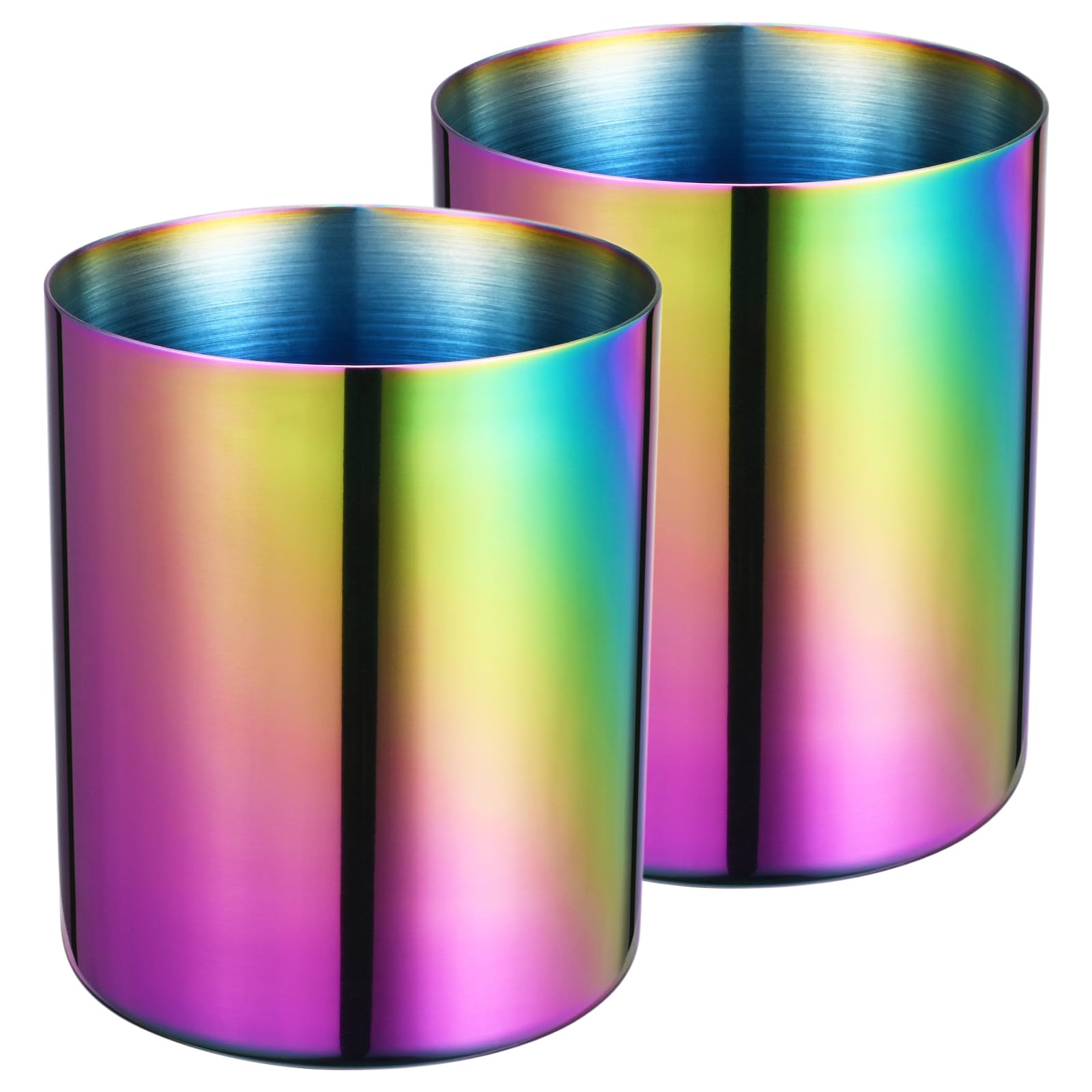 Lidwot Aurora Rainbow 304 Stainless Steel Pen Holder Set of 2 – Vacuum Coated and Fade-Resistant Round Nordic Style Metal Cup for Desk, Stationery, Kitchen Tools and Makeup Brushes Storage