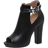 ZDLJYL Women's Open Peep Toe Booties Cutout Side Strap Mid Black Chunky Heel Fashion Ankle Bootie Summer Travel Sandals for Women