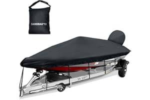 Caminor Boat Cover 20-22ft, Bass Tracker Boat Cover with Sand Bag Mooring Kit, 1200D Marine Canvas Waterproof Heavy Duty Boat Covers for 20 feet 21ft 22' Foot V Hull Bass Boat Runabout Boat, Black