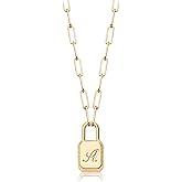 MTMY Lock Initial Necklace 14K Gold Plated Adjustable Paperclip Chain Dainty Lock Pendant Necklace Personalized Engraved Letter Jewelry for Women