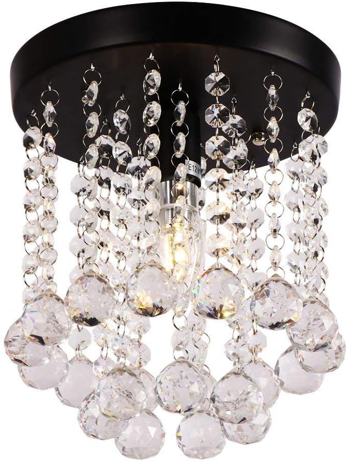 AncientHome Mini Iron Crystal Chandelier, Modern Vintage Flush Mount Ceiling Lighting Fixture for Bedroom, Hallway, Bar, Kitchen, Bathroom, Black