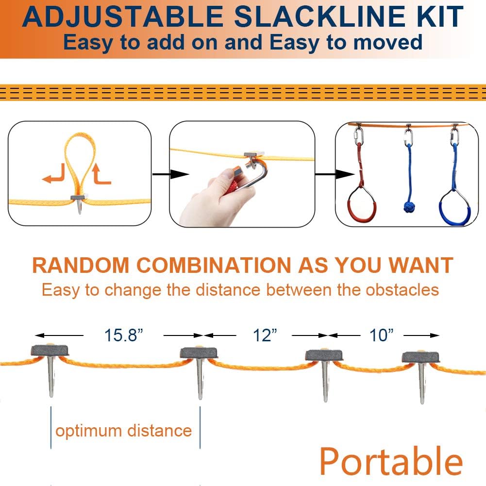 Hokilands 50 Foot Slackline Ninja Warrior Training Equipment for Kids Teens , Adjustable Hanging Obstacles Course Kit Including Climbing Rope Ladder & Carry Bag, Backyard Playground Swing Monkey Bars: Toys & Games