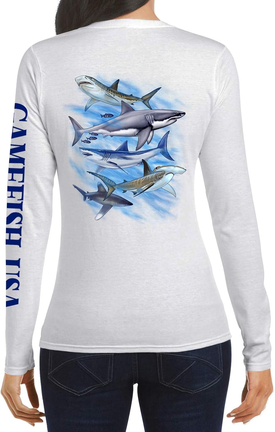 Women's UPF 50 Lightweight Microfiber Moisture Wicking Performance Fishing Shirt Sharks