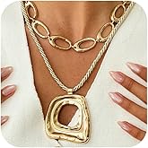 UANXLL Layered Chunky Gold Geometric Square Pendant Necklaces, Trendy Big Oval Circle Cross Chain Choker Necklace Boho Charm Party Prom Jewelry Gift for Women
