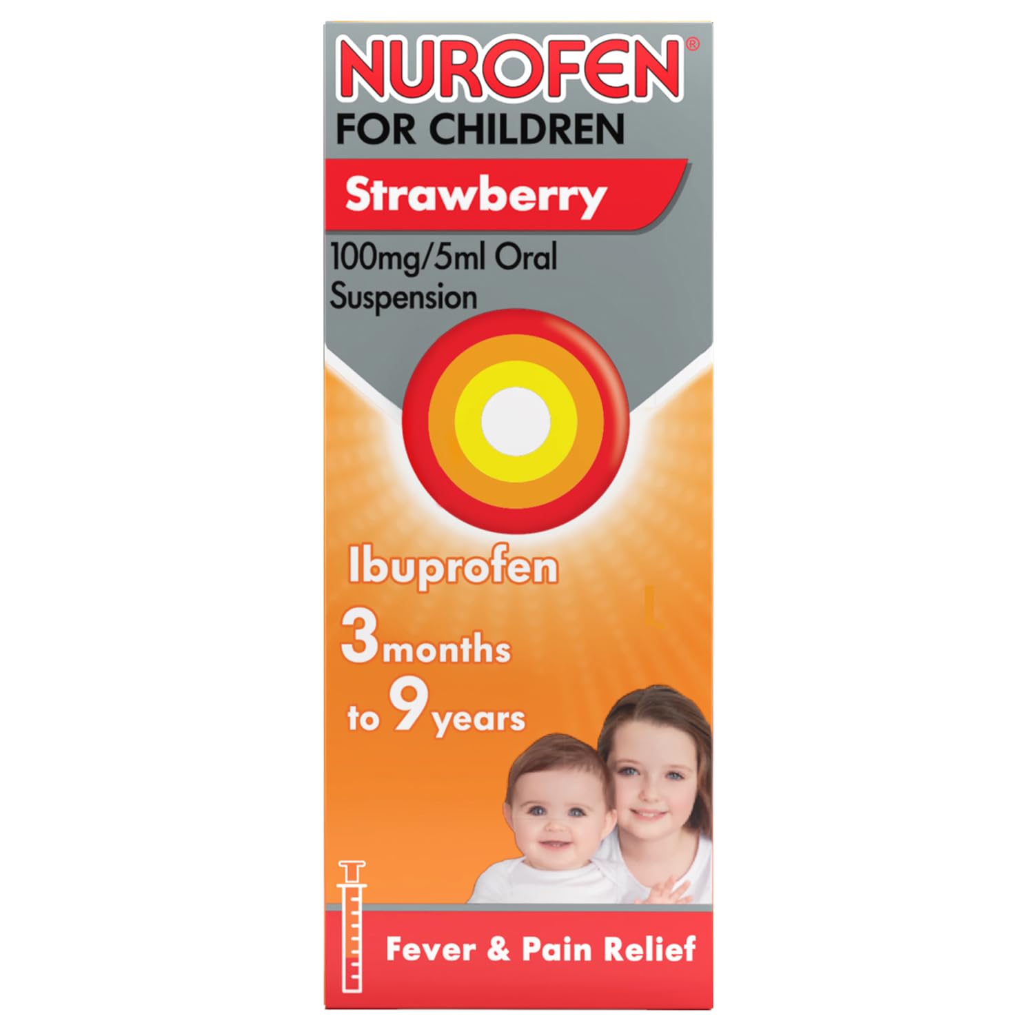 Nurofen For Children 3M-9Y, Kids Ibuprofen Strawberry 100 ml, Baby Teething Pain Relief, Cold Flu, Fast Acting, Up To 8 Hours, Fever Reducer, Child Medicine