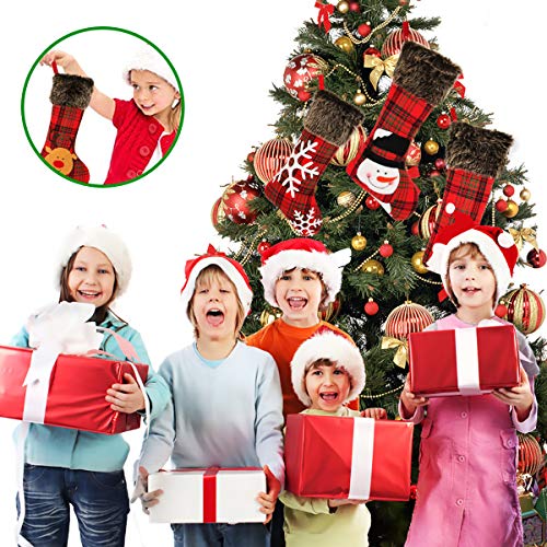 Aitbay Christmas Stockings, 4 Pack 18" Big Xmas Stockings, Burlap Plaid Style with Snowflake Santa Snowman Reindeer and Plush Faux Fur Cuff Family Pack Stockings for Xmas Holiday Party Decor