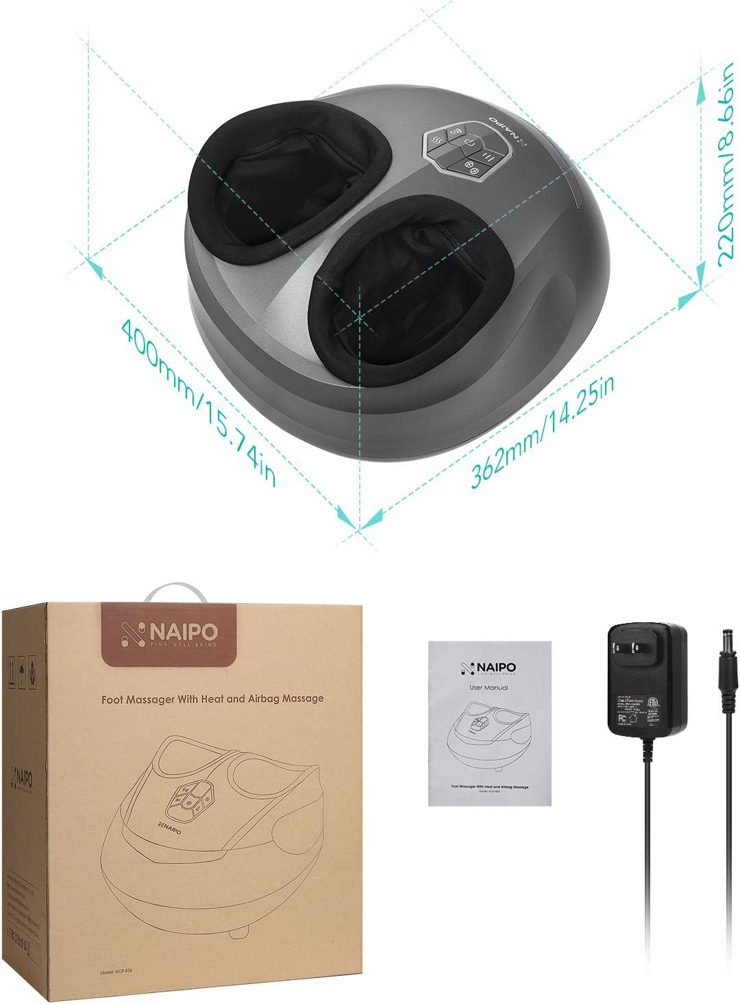 Naipo Foot Massager Machine Shiatsu Electric Feet Massager with Heat,Deep Kneading,Air Compression for Foot Plantar Fasciitis, Pain Relief, Circulation Fits Feet up to Men Size 12.5: Health & Personal Care