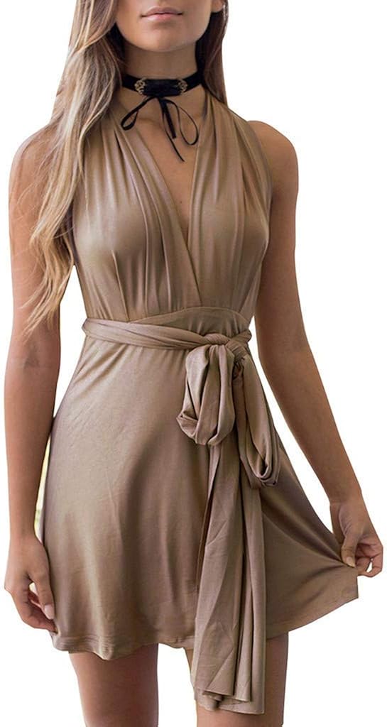 Ladies Halter Short Dress Summer Women Backless Deep V Neckline Belt Beach Dress Light Airy