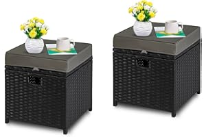 YIYAN 2 Pieces Outdoor Patio Ottomans, PE Rattan Foot Stool with Storage All Weather Outdoor Ottomans Footrest Seat with Removable Cushion(Grey)