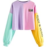 SweatyRocks Women's Letter Print Color Block Crop Sweatshirt Long Sleeve Pullover Tops