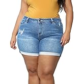 Sghenr Plus Size Women's Ripped Denim Jean Shorts High Waisted Stretchy Folded Hem Short Jeans
