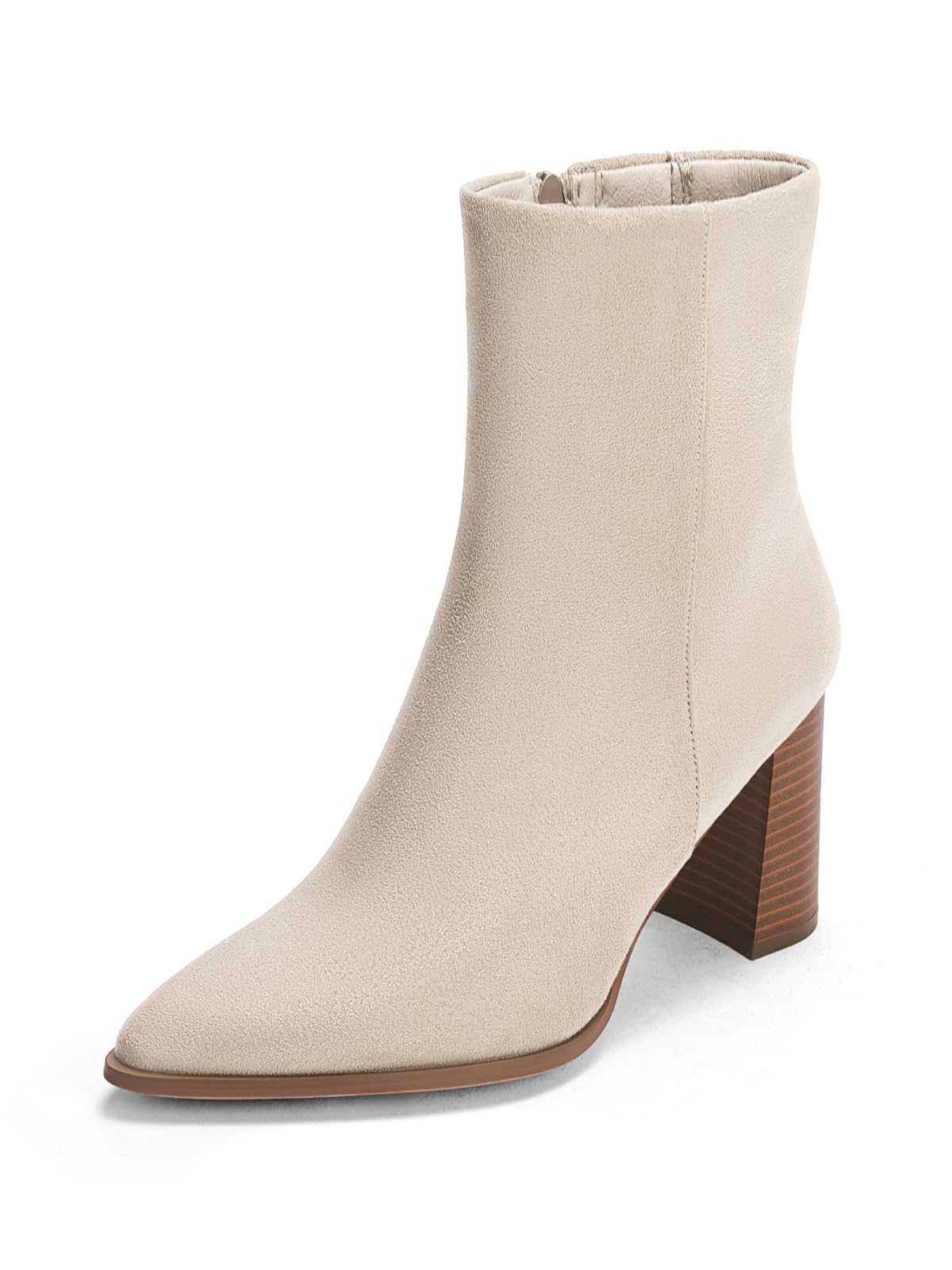 Photo 1 of Coutgo Womens Ankle Boots Pointed Toe Chunky Stacked Heel Side Zipper Dress Fall Booties Shoes, Beige, Size 6.5