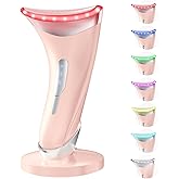 Dopsikn 7 Color Light Therapy Facial Massager with Adjustable Vibration and Thermals for Wrinkles, Double Chin, Red Light Skin Care Tool with Base, Pink