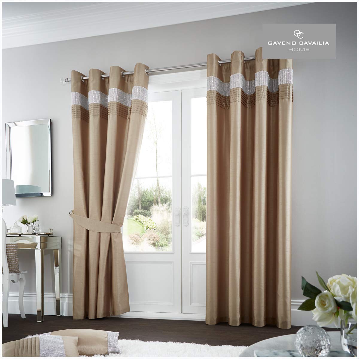 Gaveno Cavailia Oxy Eyelet Curtains Latte, 100% Polyester Ring Top Drapery with Matching Tie Backs, Two 90"x90" Glamorous Panels, Easy Care Window Treatment, (229x229 cm) 261865