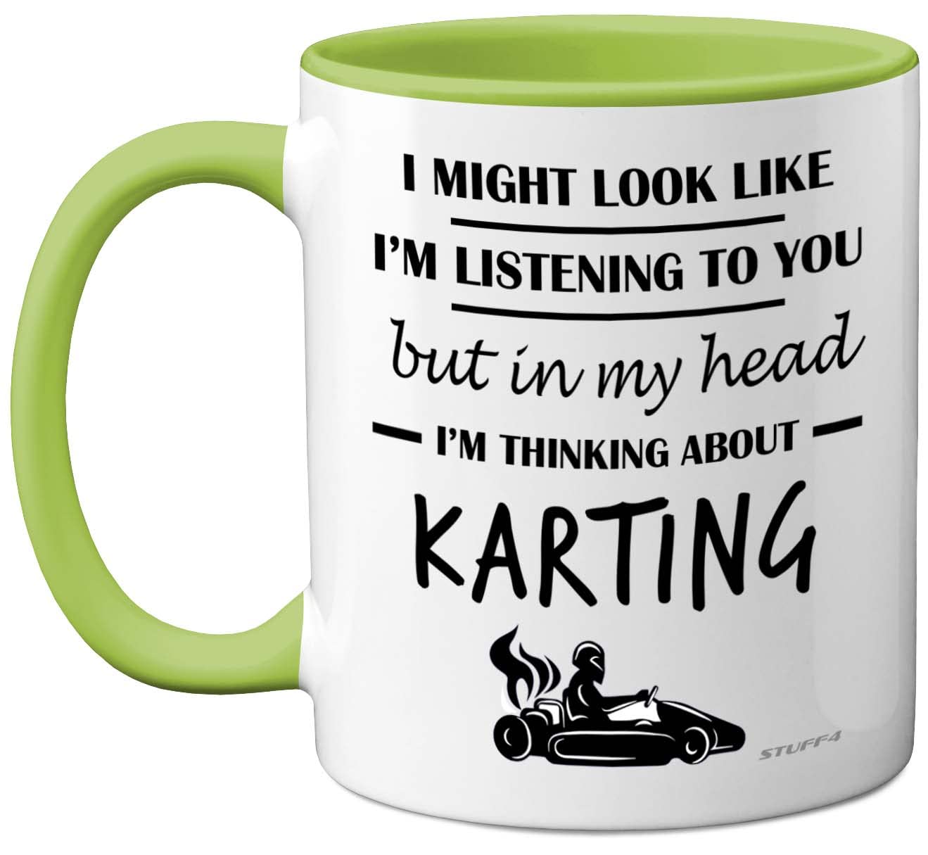 Stuff4 Karting Gifts - in My Head I'm Thinking About Karting - Funny Gifts Men Women, Go Kart Motorsport Mug, Racing 11oz Ceramic Green Handle Premium Mugs Novelty Cup