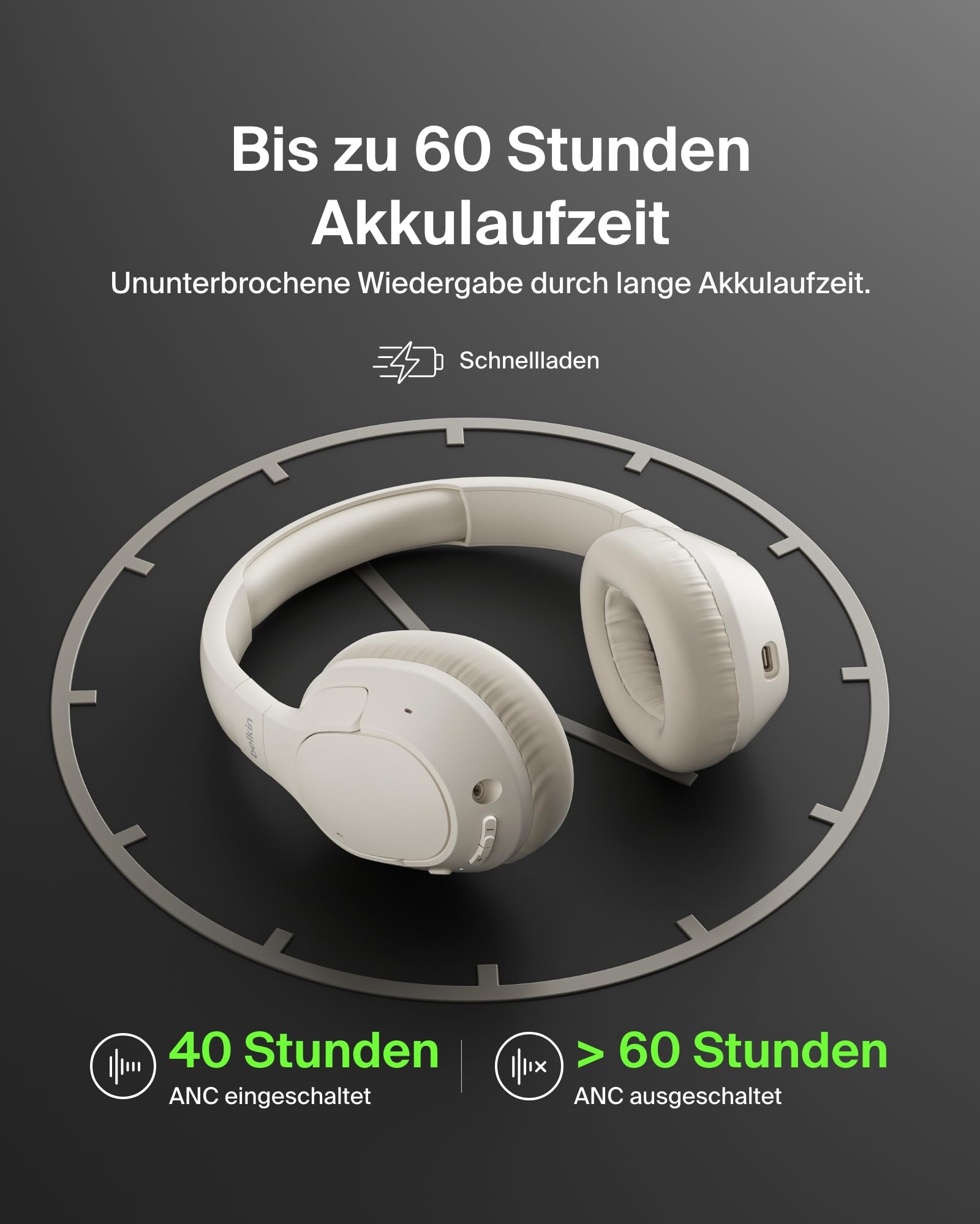 Belkin SoundForm Isolate Noise Cancelling Kopfhörer kabellos Bluetooth Kopfhörer, Headset mit Mikrofon, Over-Ear-Kopfhörer mit 60 Stunden Wiedergabe, tiefer Bass, CloudCushion Hörmuscheln – Sandfarben 6