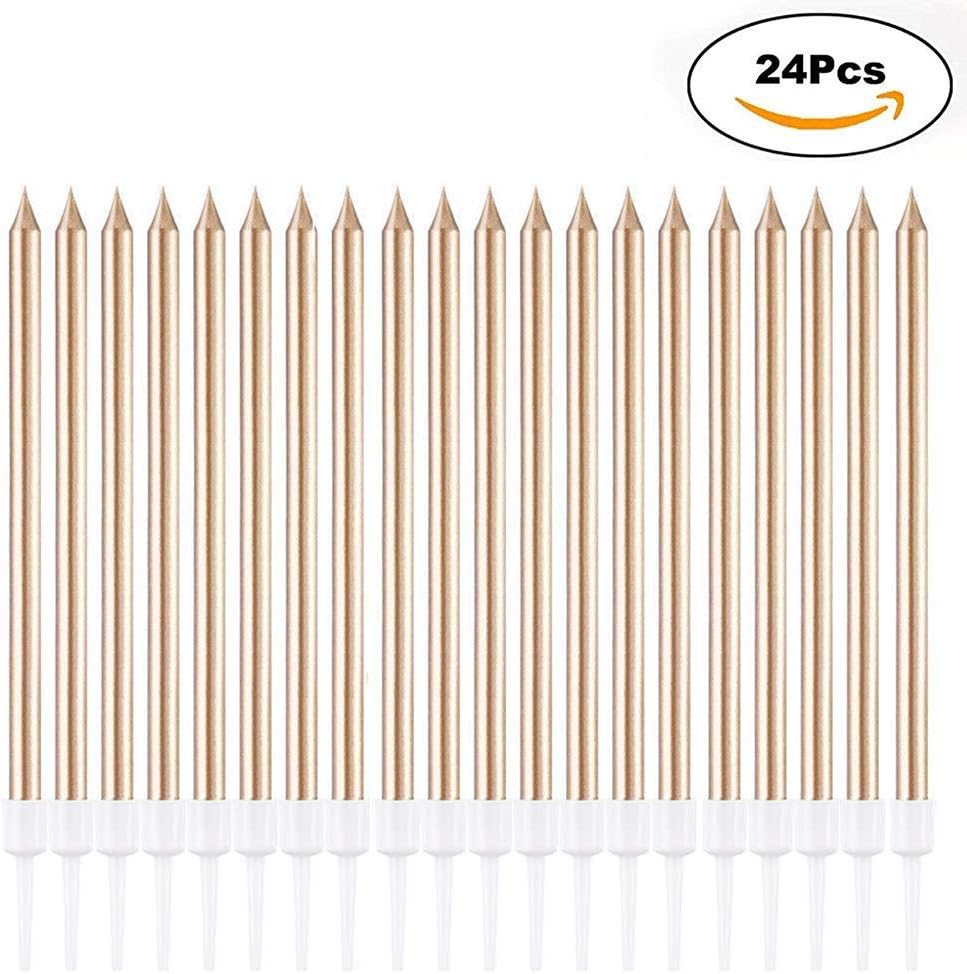 24 Count Party Long Thin Cake Candles Metallic Birthday Candles in Holders for Birthday Cakes Cupcake , Champagne Gold: Home Improvement