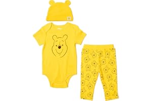 Disney Winnie the Pooh Newborn Baby Boys Bodysuit Pants and Hat 3 Piece Outfit Set Yellow 3-6 Months