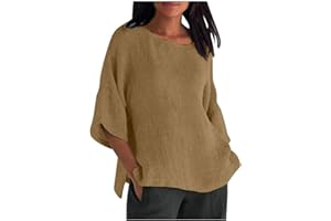 MAMIDAY Linen Shirts for Women 3/4 Sleeve Crewneck Oversized T Shirts Loose Casual Blouses Lightweight Trendy Summer Tops