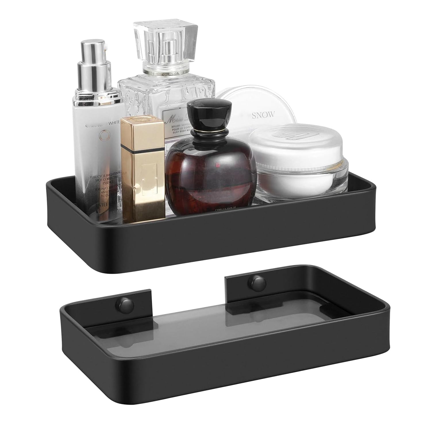 Z metnal Small Glass Bathroom Shelves, 20cm Matte Black Floating Shelf, Mini Wall Shelf for Bathroom Kithchen Organizer, Wall Mounted, 2Pcs, Dark Glass, 8 inch