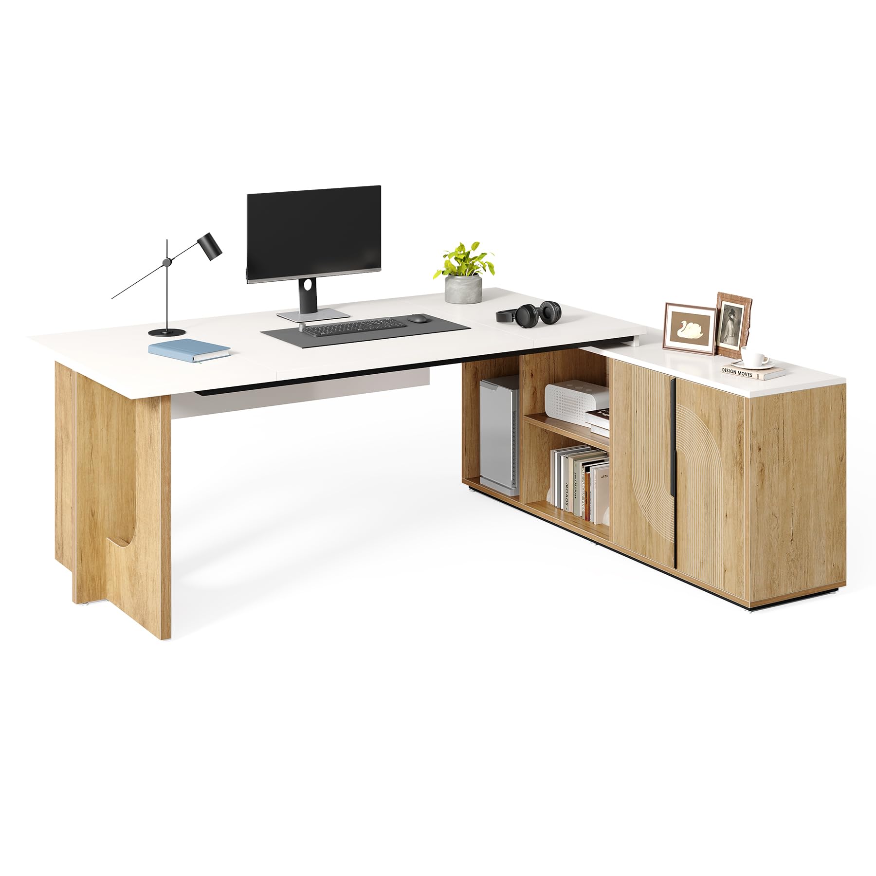 Photo 1 of LITTLE TREE 74-Inch Executive L-Shaped Desk with Storage Cabinet & Shelves, Large Home Office Computer Desk, Modern Business Workstation for Professionals (Oak & White)