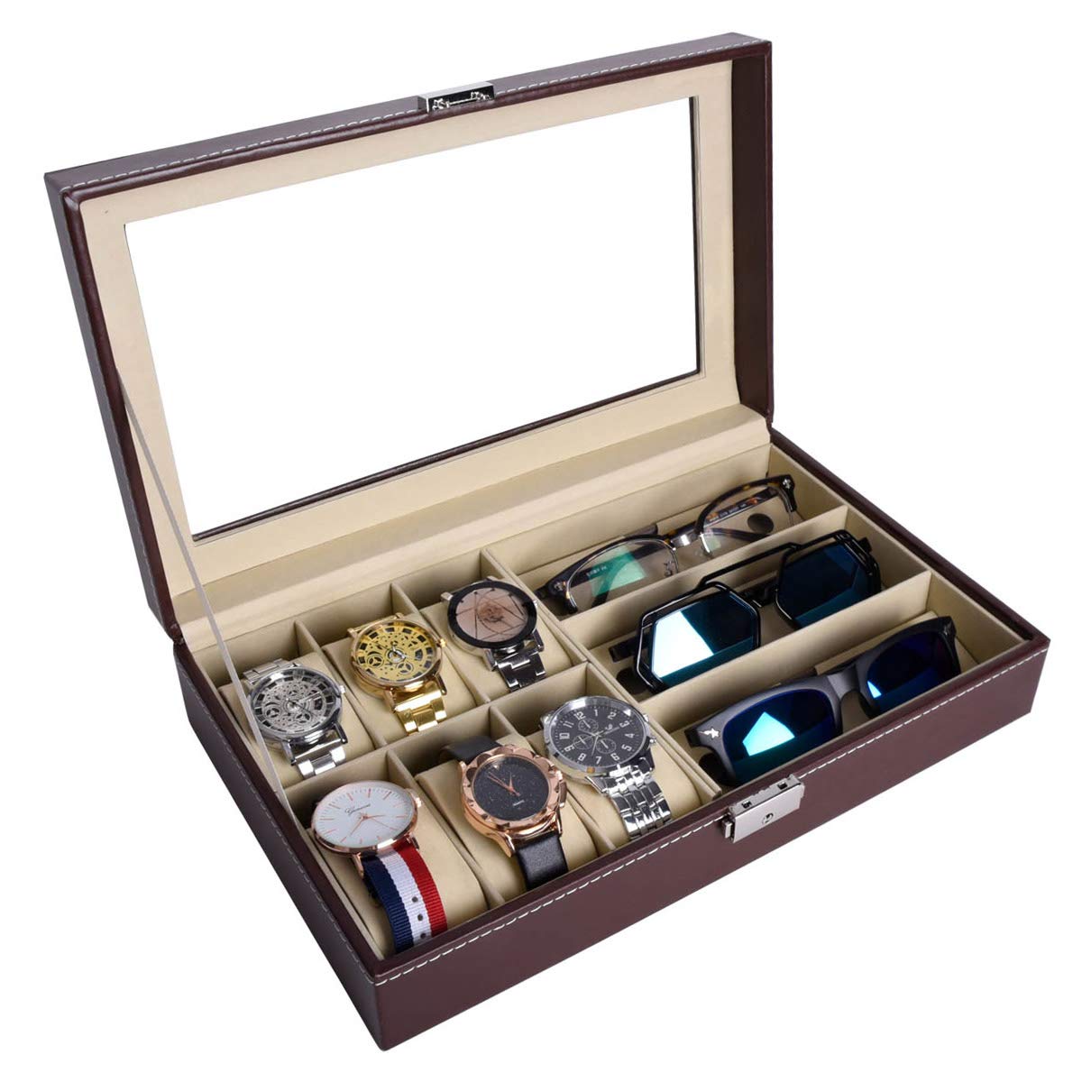 AUTOARK 6 Piece Watch Case and 3 Piece Eyeglasses Storage Leatherette Combo Jewelry Box and Sunglass Glasses Display Case Organizer,Brown,AW-020