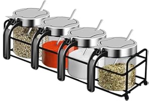 YMYL 4 Pcs Glass Condiment Jars Spice Containers with Stainless Steel Lids, Serving Spoon and Base Rack, 10oz Clear Seasoning Jars Coffee Sugar Pepper Salt Bowls for Kitchen Organization (4 Jars Set)