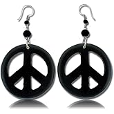 Earth Accessories Peace Sign Dangle Earrings with Organic Wood - Earring Hippie Accessories and Hippie Costume for 60s or 70s
