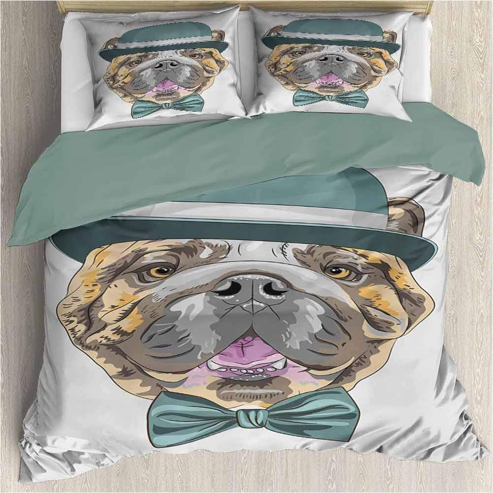 House Microfiber Duvet Set - English Bulldog Dog in a Hat and Bow Tie Animal Design with Formal Attire Pure Breed - Decorative 3 Piece Bedding Set with 2 Pillow Shams - Full Size - Teal Brown Pink