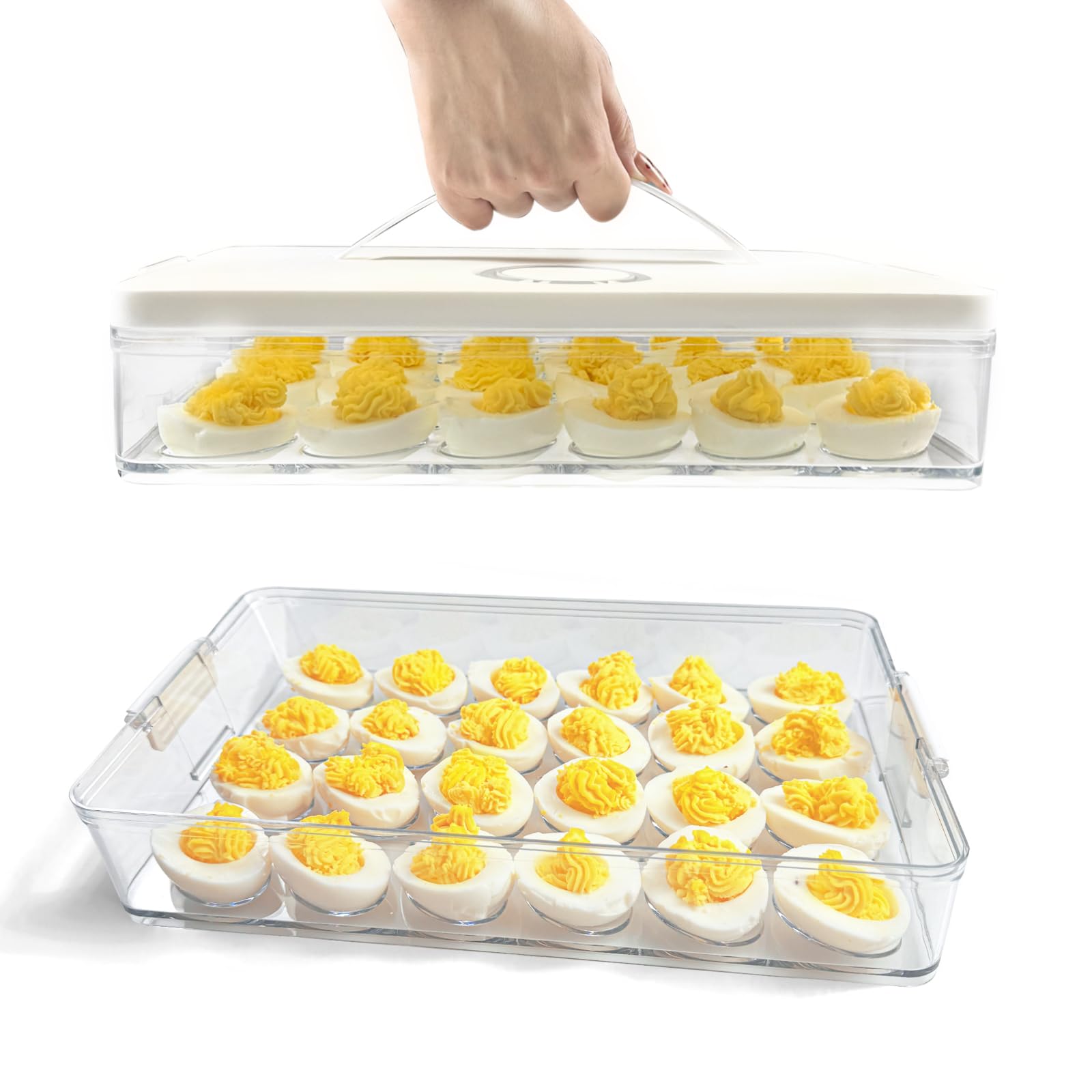 Photo 1 of (MISSING LID) 2PCS Deviled Egg Containers With Lid, (Set of 2), PET Clear Deviled Egg Platter With Handle For 48 Eggs, Fridge Stackable Storage Deviled Eggs Tray Carrier, For Camping, Easter, Christmas Thanksgiving