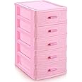 Threehoney Pink Plastic Storage Drawers Desktop Storage Box Mini Drawer Organizer Necklace Jewelry Storage Case Cute Plastic Dresser for Girls Bathroom, Dorm, Desk, Home, 5 Layers