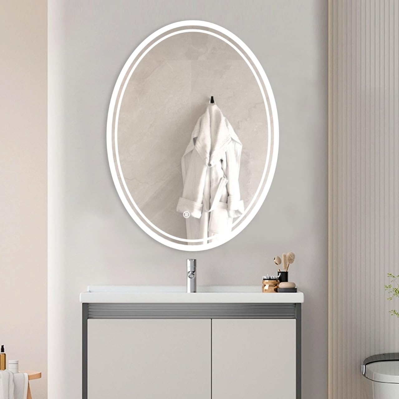 Photo 1 of BuLife 28 x 20 inch Oval LED Bathroom Mirror Anti-Fog 3 Colors Light Dimmable Wall Mounted Lighted Bathroom Vanity Mirror Memory Makeup Mirror Touch Switch