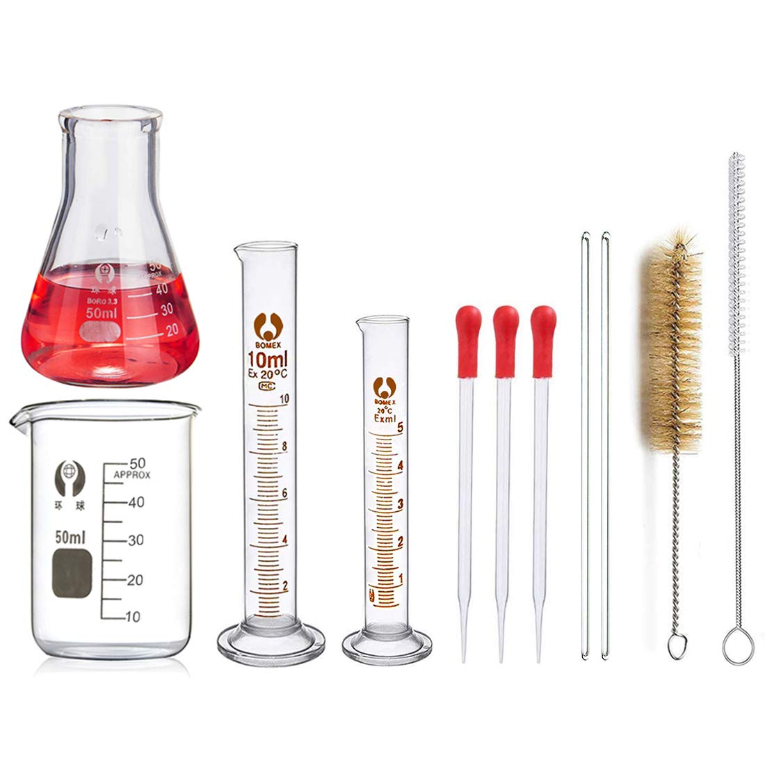 JESSTOLO Laboratory Glassware Set - 50ml Flask, Beaker, 10/5ml Cylinder, 3 Glass Droppers, 2 Brushes, 2 Stirring Rods