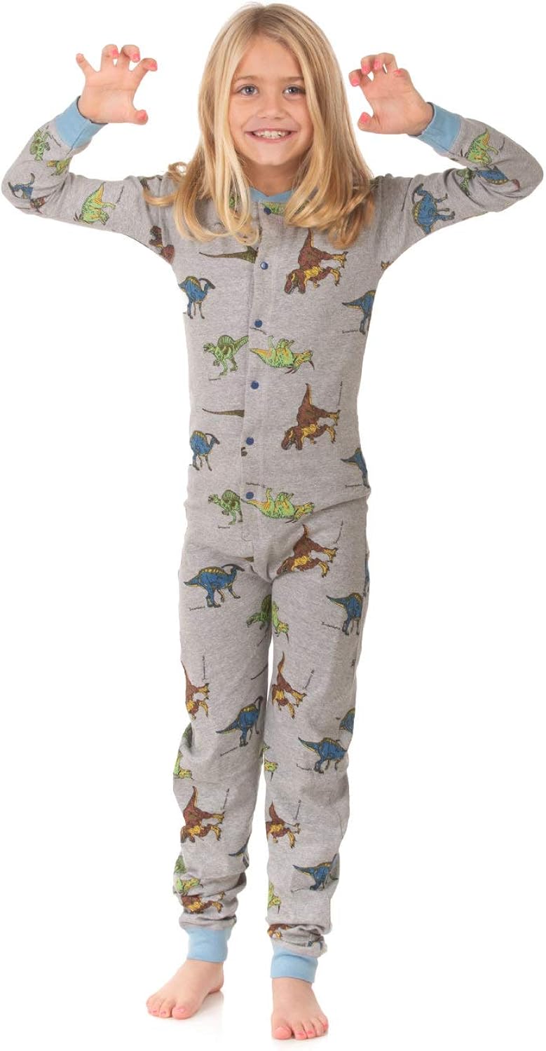 Amazon Com Dinosaur Union Suit Boys Girls Onesie Pajamas T Rex On Rear Flap Kids 4 14 Clothing