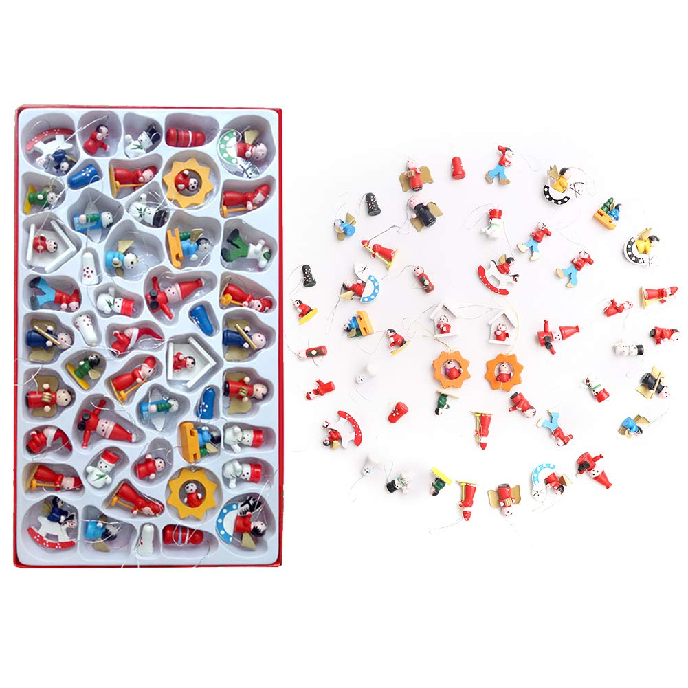 48Pcs Christmas Miniature Ornament Set Mini Wooden Christmas Tree Hanging Ornaments Figures Snowman Angels Santa Claus Advent Calendar Stuffers for Christmas Tree Hanging Decorations