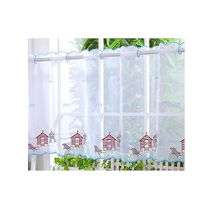 Voile Cafe Net Curtain Panels D22 Beach Hut Light Blue 24