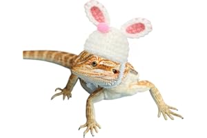 SEZDEKI Bearded Dragon Bunny Hat for Easter - Hand Knitted Small Animal Bunny Ears Cap with Adjustable Strap Halloween Costume Outfit Clothes Accessories for Rat Hamster Hedgehog Snake Sugar Glider (White)