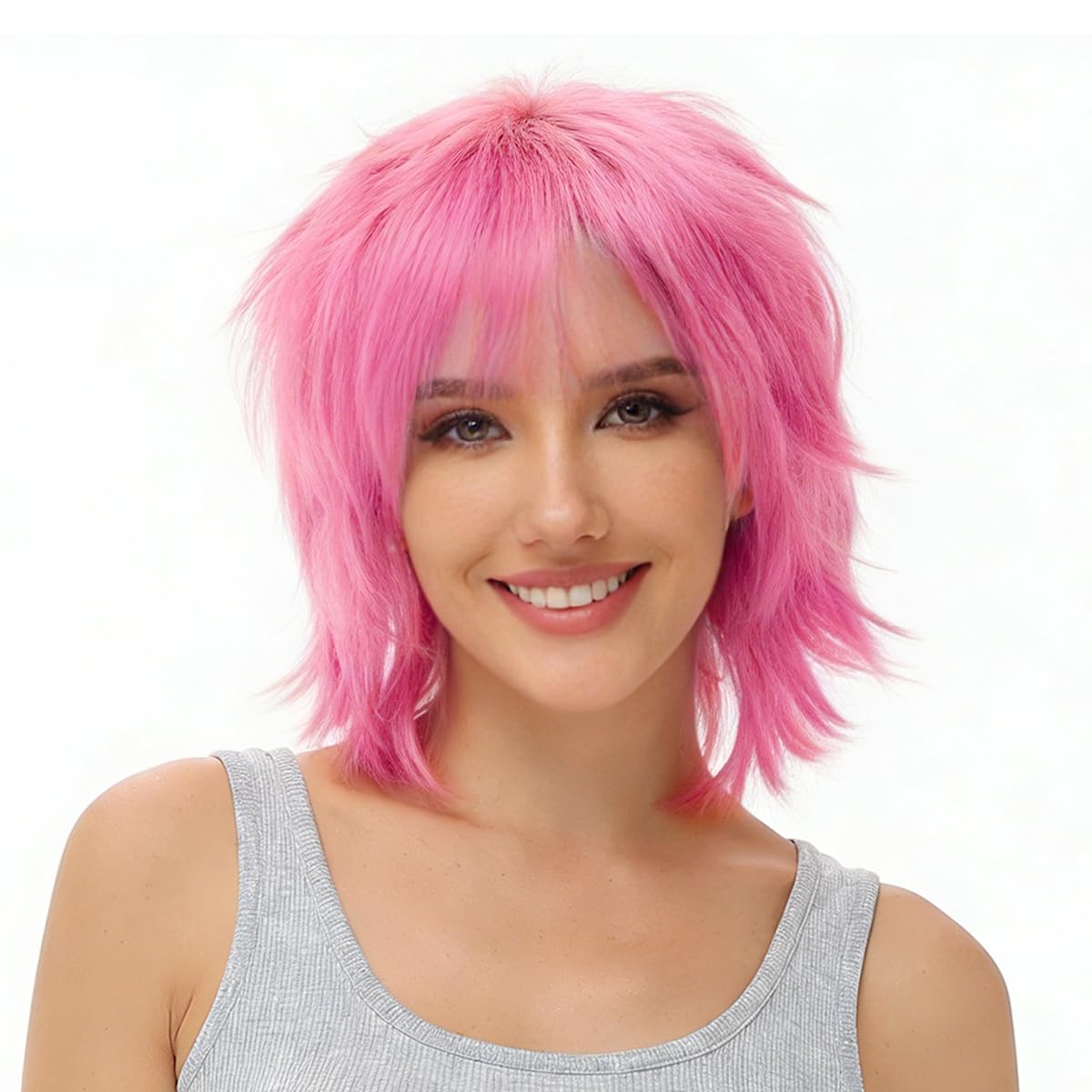 BUYOGET Anime Halloween Wig for Cosplay Party, Synthetic Layered Short Hair Wigs with Bangs Pink — image 1