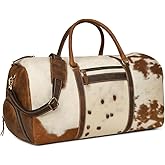 Leather Duffel Bag for Men & Women, Genuine Weekender Travel Bag, Handmade Overnight Gym Bag with Shoulder Strap, Carry-On for Business & Outdoor Travel (Hudson Hair Duffel, Brown & White, 22 Inch)