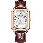 Lancardo Retro Vintage Square Quartz Analog Watch Silver Tone Case Crocodile Pattern Brown Leather Business Casual Dress Wrist Watch