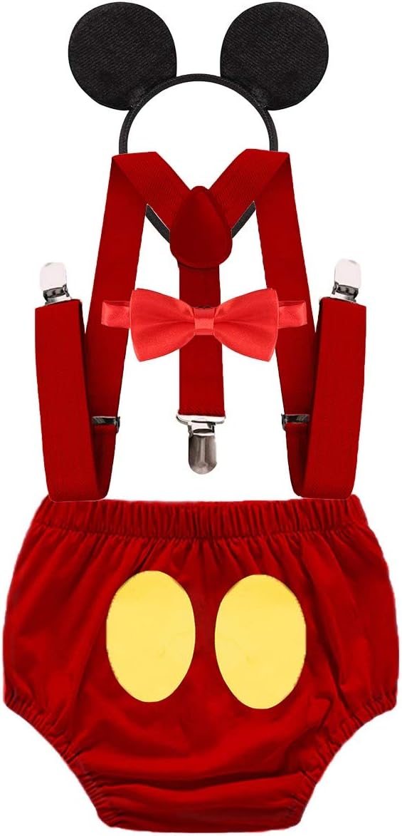 HIHCBFNewborn First Birthday Outfits Cake Smash Photo Shoot Baby Shower Costume Bloomers Suspenders Bow Tie Headband 6-18M