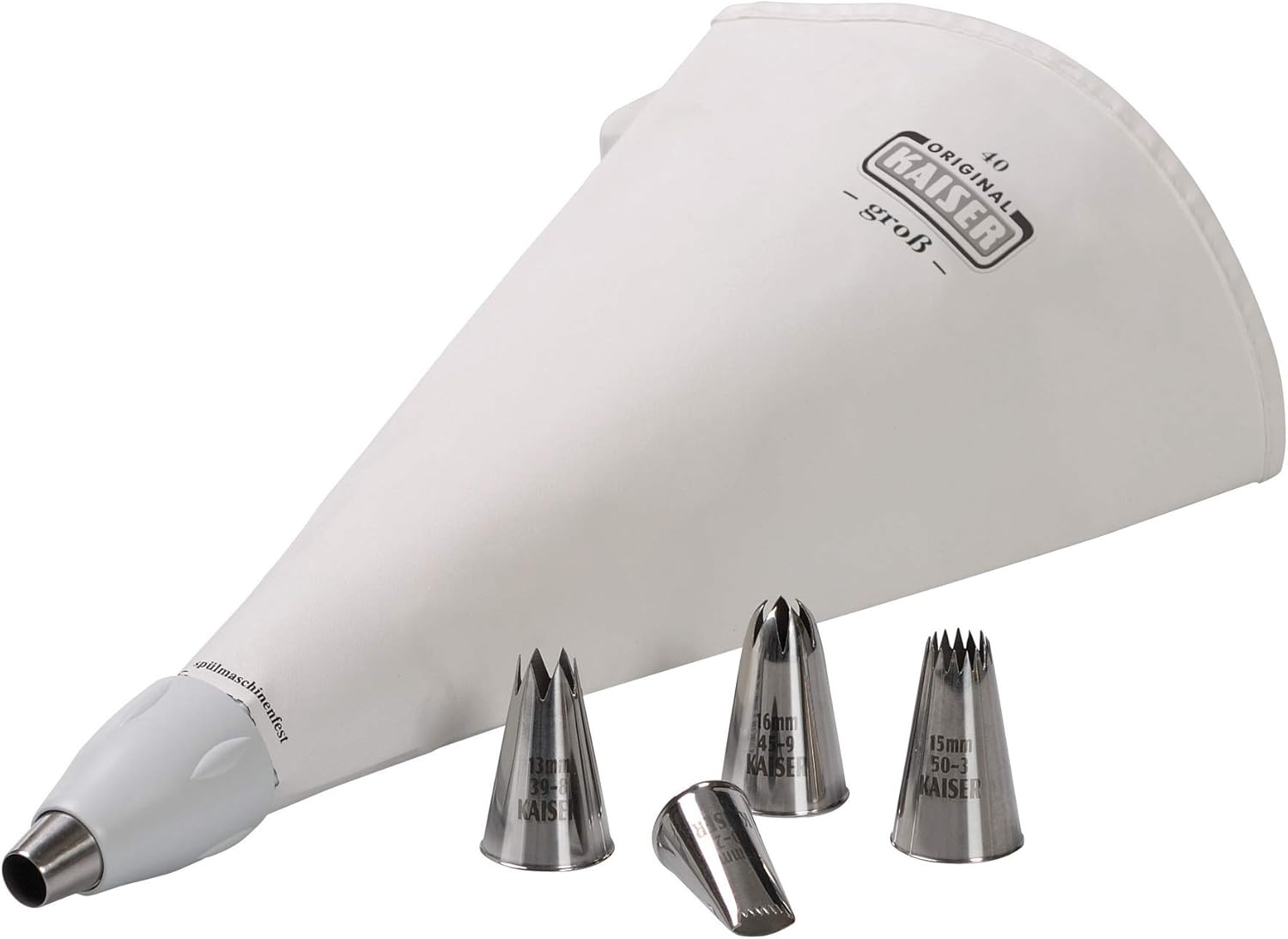 Kaiser Spritzbeutel Set 7-teilig, wiederverwendbarer Spritzbeutel groß mit Tüllen, Adapter, 5 Spritztüllen, kochfest, Schneidehilfslinie